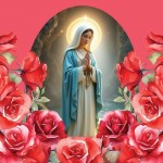 Nagrobna sveča Premium z motivom Marije - rdeče vrtnice